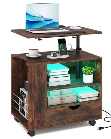 GIANTEX LED Rolling Nightstand with Charging Station & Laptop Tray