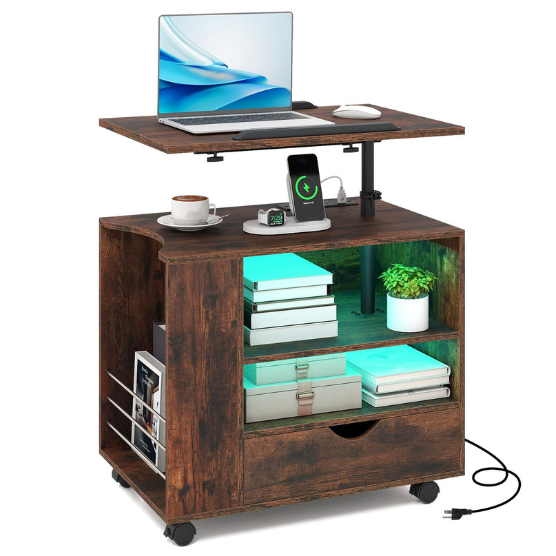 GIANTEX LED Rolling Nightstand with Charging Station & Laptop Tray