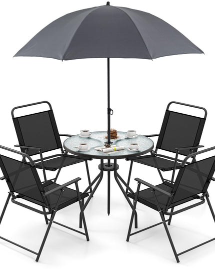 Giantex 6 Pieces Patio Dining Set, Folding Patio Chairs Set of 4, Tempered Glass Umbrella Table with Hole