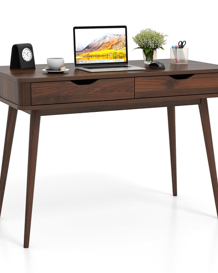 Giantex Mid-Century Desk with 2 Drawers, 43.5" Writing Study Desk with Solid Rubber Wood Legs