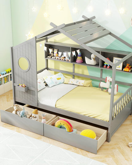 Giantex Twin House Bed with 2 Storage Drawers, Kids Bed Frame with Storage Cubes, Montessori Bed with Fence Guardrails & Roof