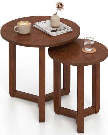 Giantex Round Nesting Coffee Table Set of 2 Wood Nesting End Tables