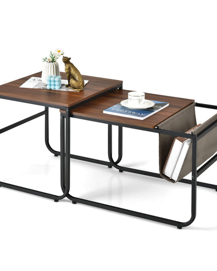 Nesting Coffee Table Set of 2, Stackable Side Table w/Side Pocket