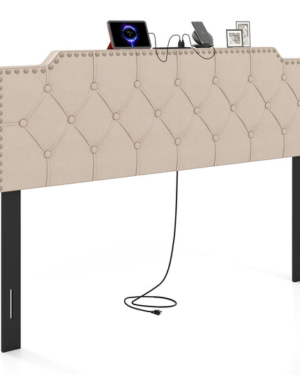 Giantex Headboard with Charging Station Queen/Full Size Rivet Tufted Upholstered（Riveted Diamond Tufting with Charging）