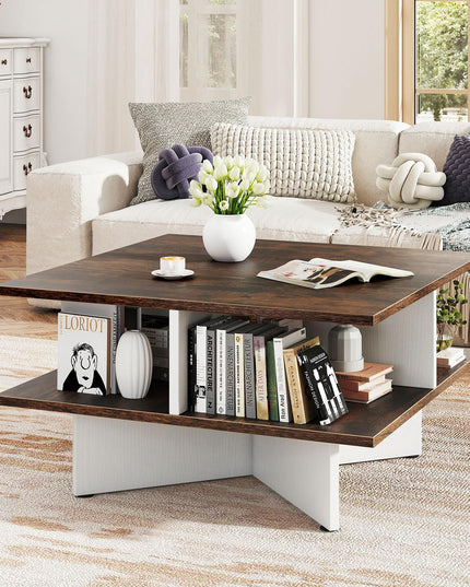 Giantex Square Coffee Table with 4 Storage Compartments & Cross Shape Base