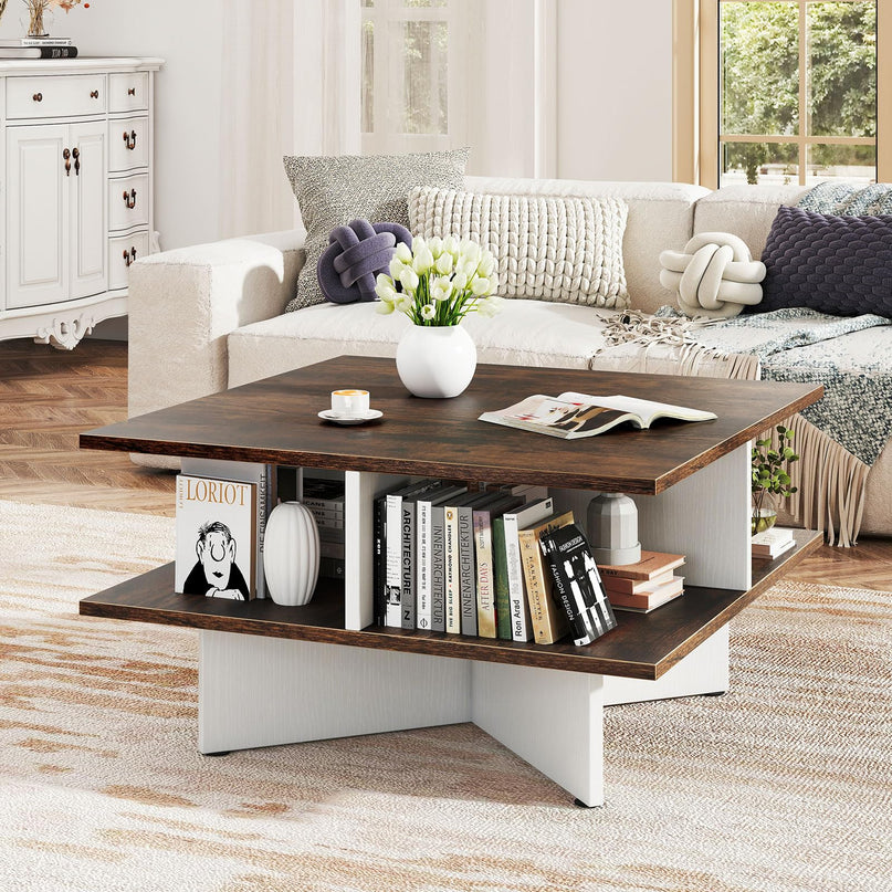 Giantex Square Coffee Table with 4 Storage Compartments & Cross Shape Base