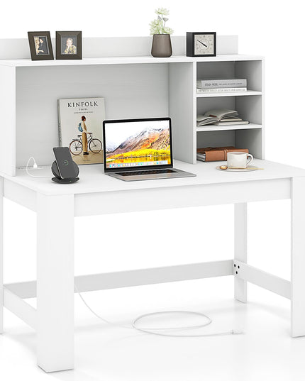 Giantex Computer Desk with Hutch, Modern Home Office Desk with Power Outlets, Storage Shelves & Cable Hole