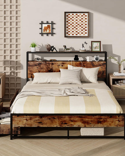 Giantex Full Bed Frame with Storage Headboard and Charging Station, with Outlets and USB Ports