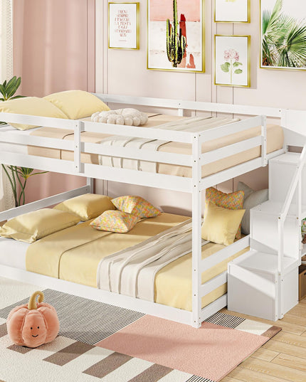 Giantex Bunk Bed with Stairs, Solid Wood Floor Bunk Bed with Storage Staircase & Full-Length Guardrails