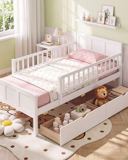 GIANTEX Full/Twin  Size Bed Frame with 2 Storage Drawer & Guardrails for Kids