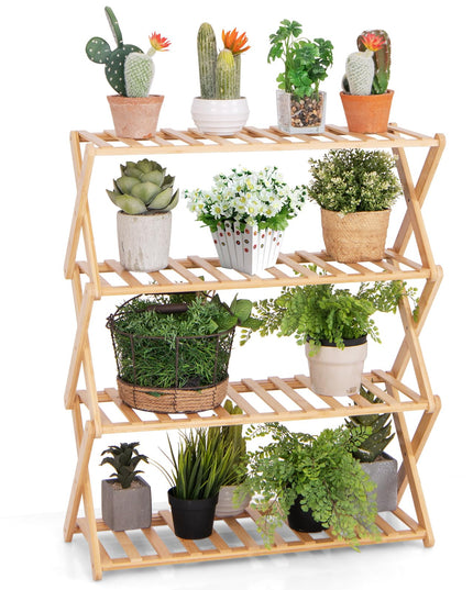 Giantex Bamboo Plant Stand Indoor, 4-Tier Folding Planter Shelf, Foldable Display Rack w/ Slatted Shelves, No Assembly