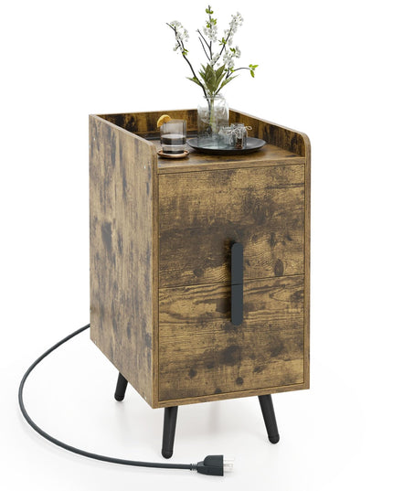 Giantex Nightstand with Charging Station, Narrow End Table with 2 Drawers & Metal Gold Legs