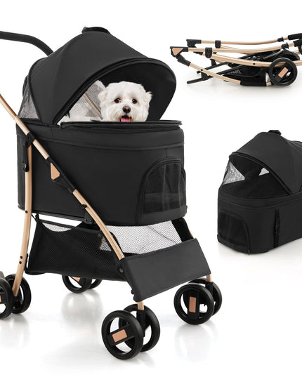 Giantex Pet Stroller 3-in-1, Folding Dog Stroller Detachable Carrier Car Seat (Black & Gold)
