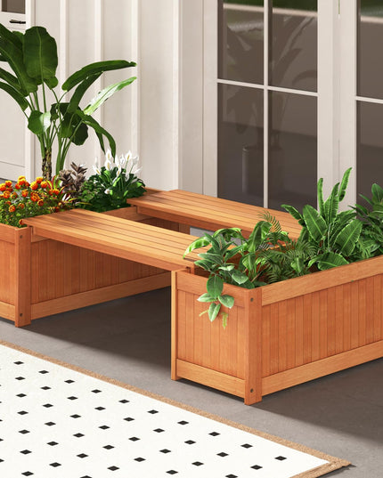Giantex 2-in-1 Outdoor Bench, Wood Raised Garden Bed with Open Base, Teak Oil Finish