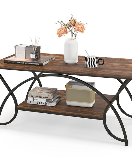 Table basse rectangulaire à 2 niveaux Giantex, table de cocktail moderne chic avec étagère de rangement ouverte, blanc/doré