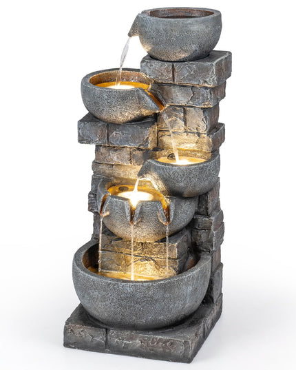 Giantex 5-Tier 33"H Cascading Stacked Stone Bowl Waterfall Fountain with LED Lights & Pump