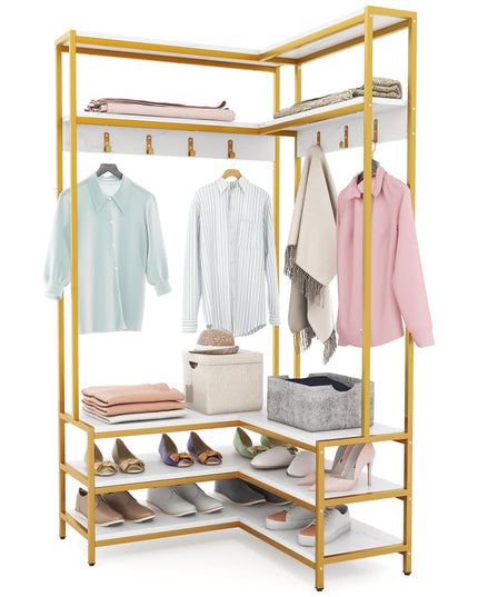 Giantex Corner Coat Rack with Shoe Bench, L-shaped Garment Rack with 5 Shelves & 7 Hooks