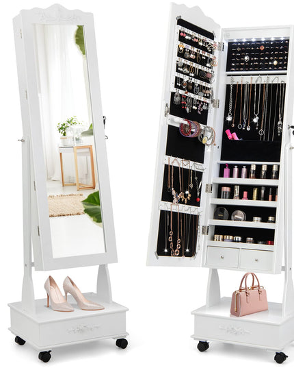 CHARMAID 6 LEDs Rolling Jewelry Cabinet with High Full Length Mirror, Lockable Standing Jewelry Armoire with Wheels