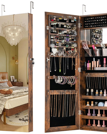 CHARMAID Jewelry Cabinet Wall or Door Mounted, Hanging Lockable Jewelry Armoire Storage with Full Length Mirror