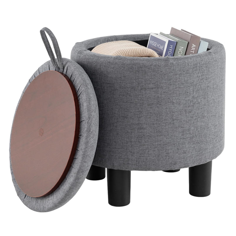 Giantex Round Ottoman with Storage Linen Fabric Upholstered