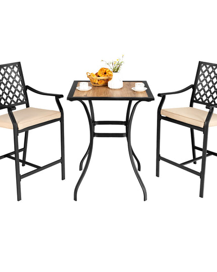 3 Piece Patio Bar Table Set Outdoor Square Bistro Bar Table High Chairs with Cushion Metal Stool