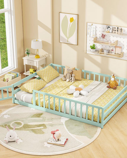 Giantex  Floor Bed with Door & Fence Kids Wood Montessori Bed