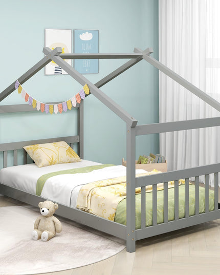 Giantex House Bed Twin, Solid Wood Kids House Bed with Roof