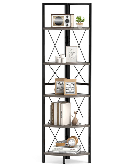 Giantex 5-Tier Corner Shelf, 63" Tall Corner Bookshelf, Freestanding Storage Rack w/Metal Frame