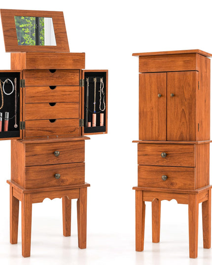 CHARMAID Jewelry Cabinet with 6 Drawers, Standing Jewelry Armoire with Flip Top Mirror, 2 Side Doors with 6 Necklace Hooks