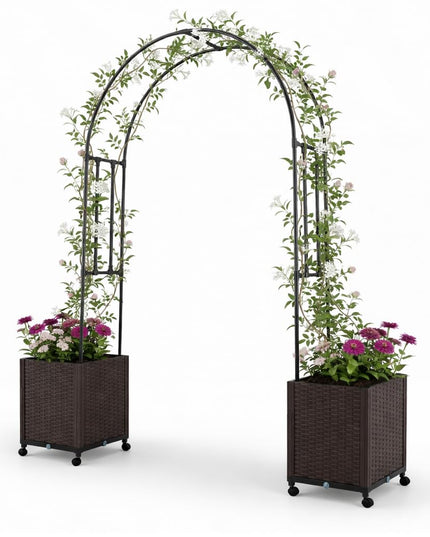 Giantex Metal Garden Arch Trellis Arbor with 2 Self-Watering Planter Boxes