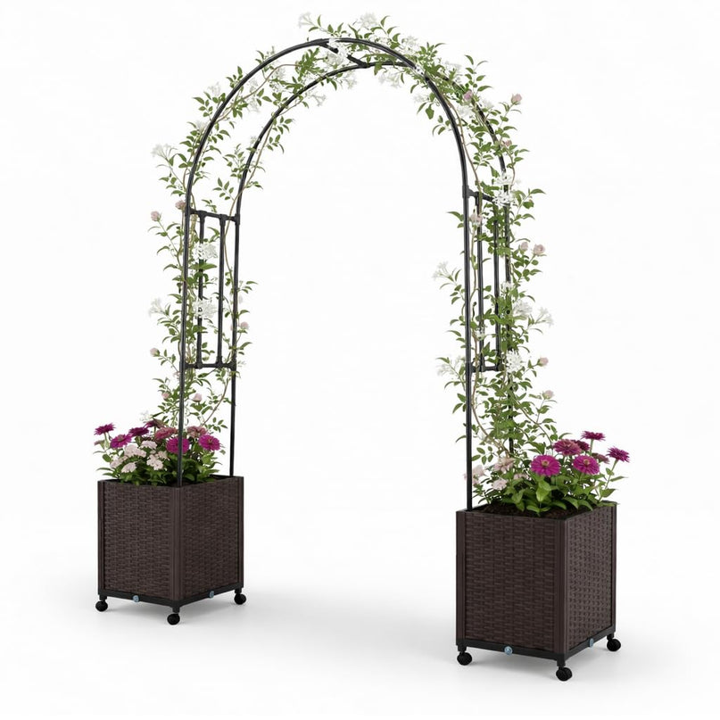 Giantex Metal Garden Arch Trellis Arbor with 2 Self-Watering Planter Boxes