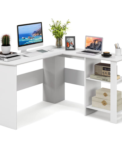 Giantex L Shaped Computer Desk, 51" Large Corner Desk with 2 Cable Holes & 2 Storage Shelves, White