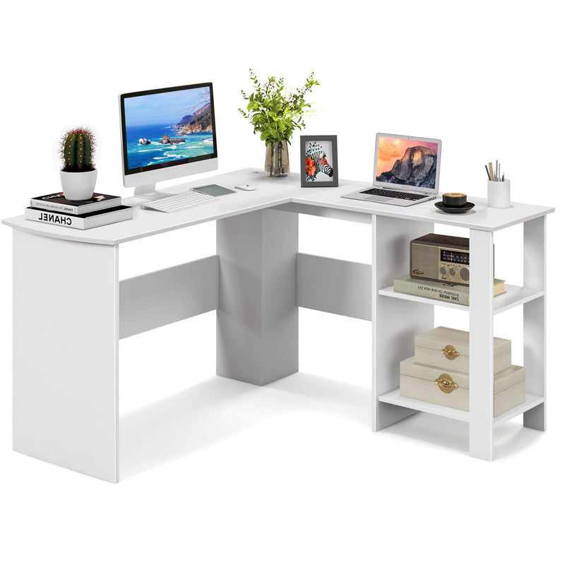 Giantex L Shaped Computer Desk, 51" Large Corner Desk with 2 Cable Holes & 2 Storage Shelves, White