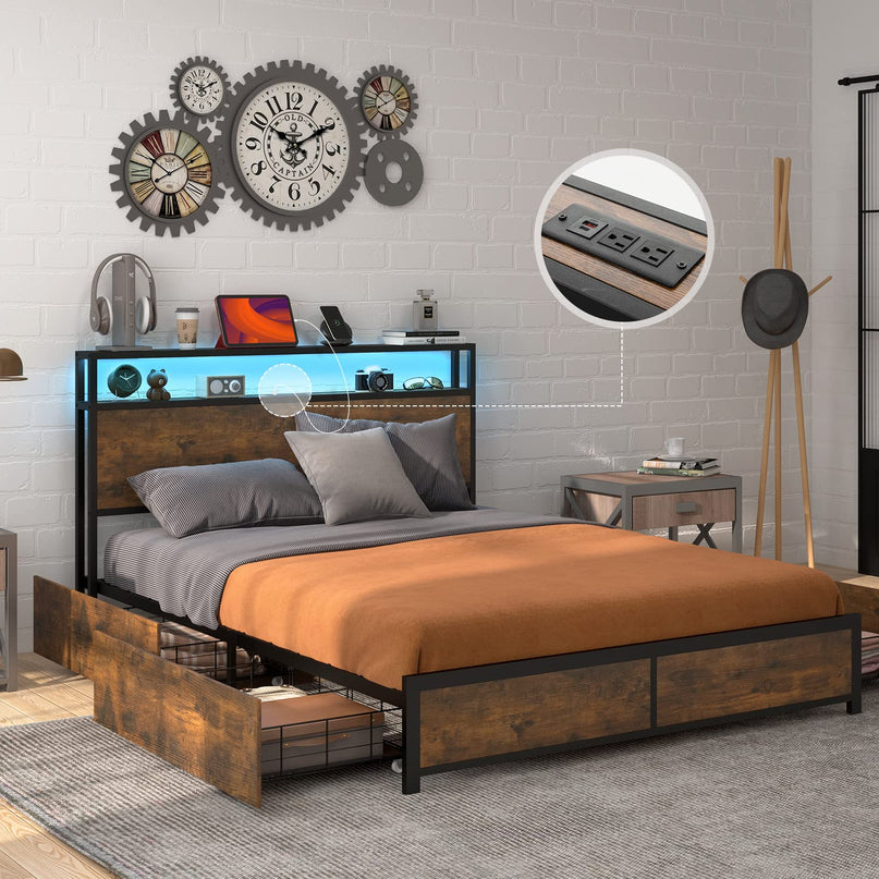 Giantex Queen/Full Bed Frame with LED Lights Headboard and 4 Storage Drawers