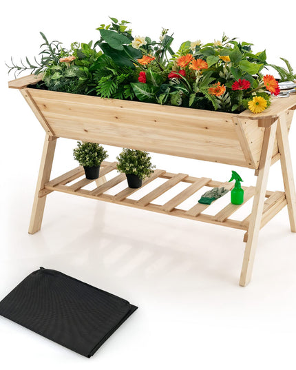 Giantex Plant Raised Bed 2 Tiers Garden Bed, Outdoor Fir Wood Plant Container with Storage Shelf