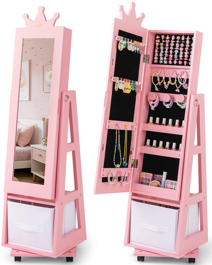 CHARMAID 360° Swivel Kids Jewelry Cabinet, 48" Standing Jewelry Organizer with Full Length Mirror, Storage Drawer