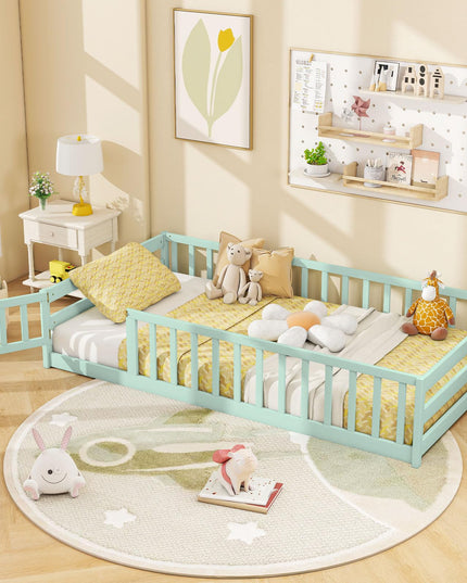 Giantex  Floor Bed with Door & Fence Kids Wood Montessori Bed