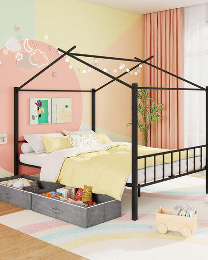 Giantex Metal Montessori Full Size House Bed with 2 Storage Drawers Noise Free