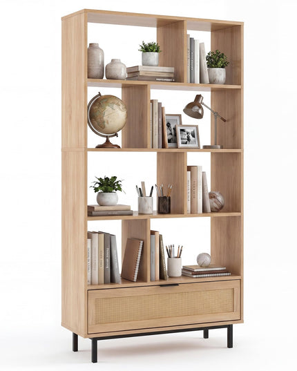 GIANTEX 64" Tall Bookshelf with Rattan Drawer