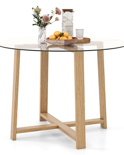 Giantex 42” Round Dining Table for 4, Kitchen Table with 0.3” Tempered Glass Tabletop, Rubber Wood Legs