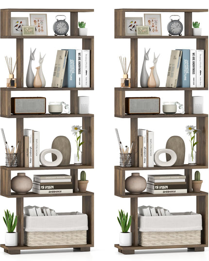 Giantex 6-Tier Geometric Bookcase Set of 1/2 64" Tall S-Shaped Bookshelf