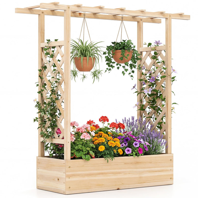 Giantex 45" Wooden Raised Garden Bed with Trellis & Hanging Roof
