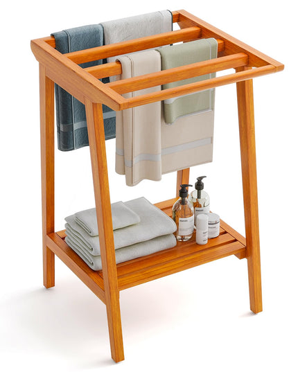 Giantex Teak Towel Rack for Bathroom, 5 Bars Freestanding Towel Racks with Storage Shelf, 19.5" L x 19.5" W x 31.5" H