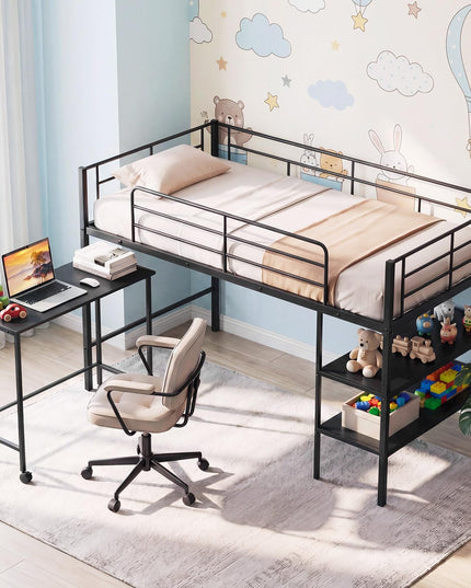 Giantex Low Loft Bed with Desk & Bookshelf Twin Size Platform Bedframe