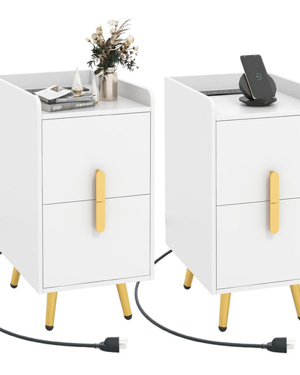 Giantex Nightstand with Charging Station, Narrow End Table with 2 Drawers & Metal Gold Legs