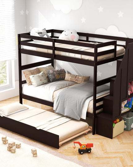 Giantex Twin Over Twin Bunk Bed with Trundle and Storage Stairs, Solid Wood Bunk Bed Convertible 3 Bed Frames for Bedroom