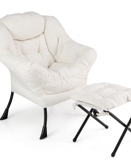 Giantex Set of 1/2 Lazy Chair with Folding Ottoman, Modern Sherpa Accent Chair w/Armrests & Pocket