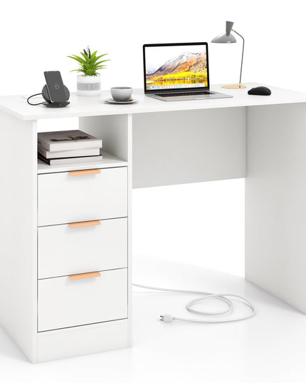 Giantex White Desk with Drawers, Modern Home Office Desk Writing Study Desk with Charging Station