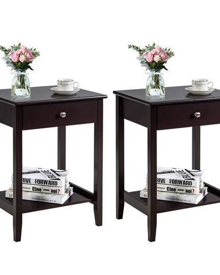 Nightstand Wooden 2-Tier Couch Sofa Side Table with Drawer, End Table