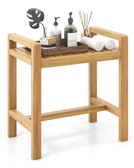 Giantex Teak Wood Shower Bench - 20" Waterproof Shower Stool with Handles and Slatted Seat for Inside Shower